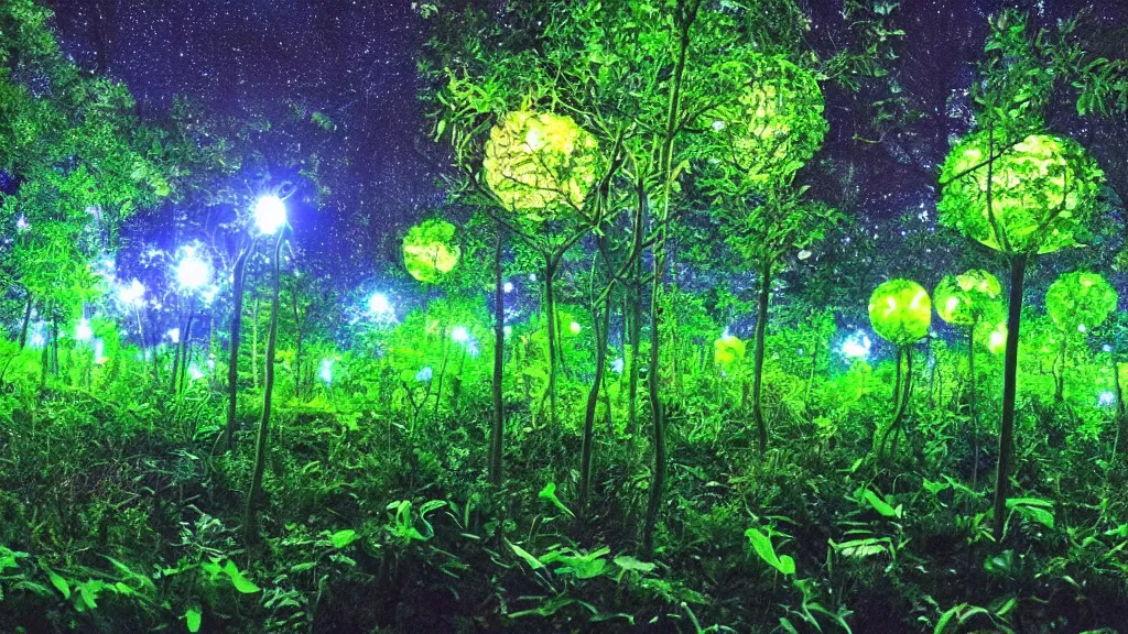 Image similar to lush alien forest at night, glowing flowers, orbs of light spread through the forest