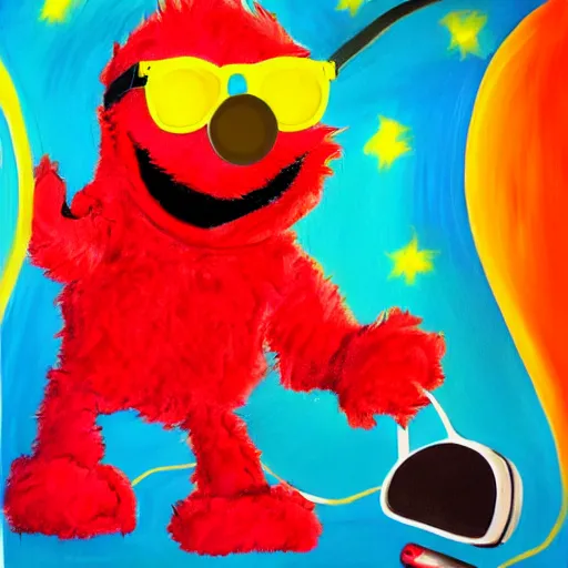 Prompt: elmo with sunglasses and headphones in space, painting