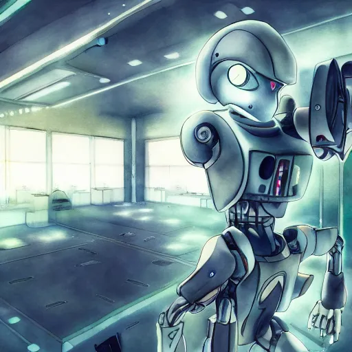 Image similar to a broken robot fixing itself, anime, pencil lines, light watercolour painting, pale sky, beautiful artwork, anime screenshot, tokyo