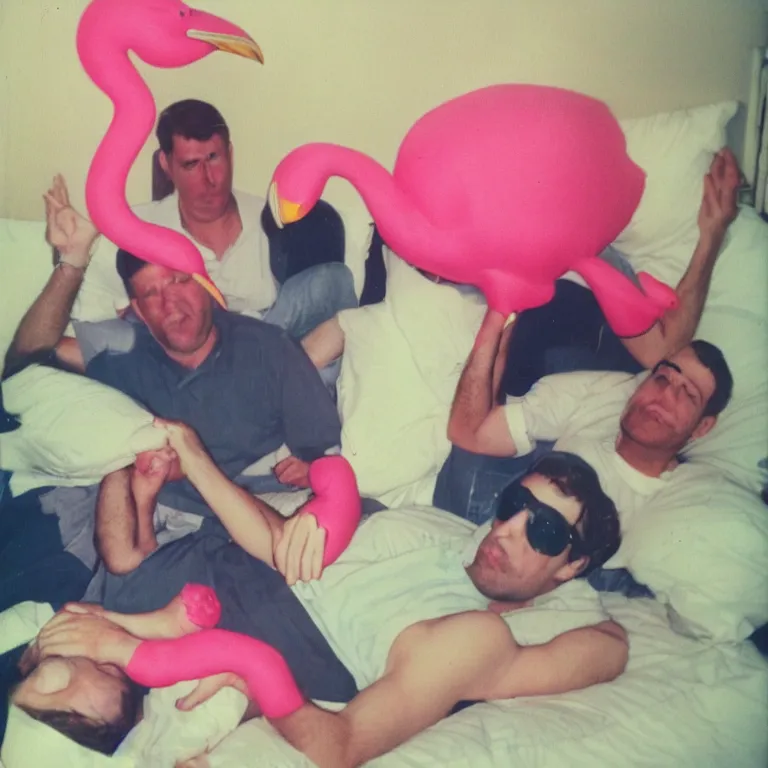 Prompt: dad on a hangover deflating a pink flamingo, polaroid photo, family photo, disturbing