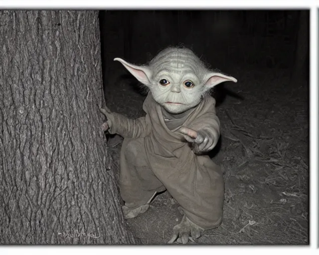 Prompt: trailcam image of yoda, pointing at the camera, black and white, wide angle lens, nightshot, cdx