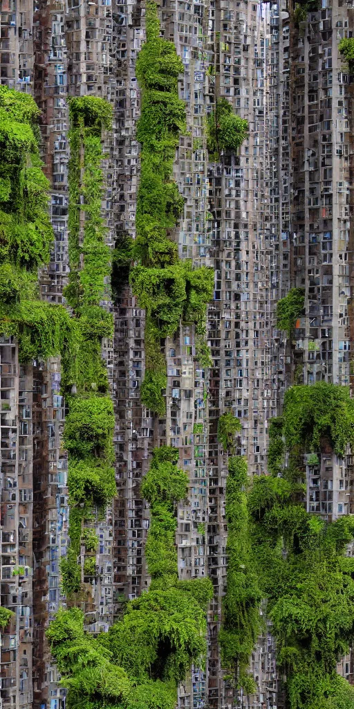 Prompt: elevational photo of tall and slender rusty housing towers emerging out of the ground. The towers are covered with moss and ferns growing horizontally from floors and balconies. The towers are clustered very close together and stand straight and tall. The housing towers have 50 floors with deep balconies and hanging plants. Thin bridges span between towers. Cinematic composition, volumetric lighting, architectural photography