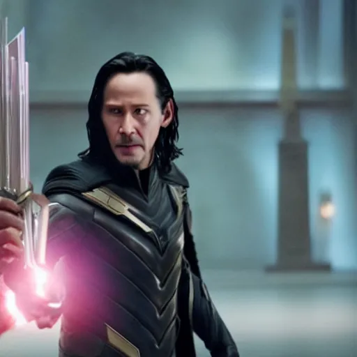 Image similar to film still of Keanu Reeves as Loki holding scepter in Avengers Endgame