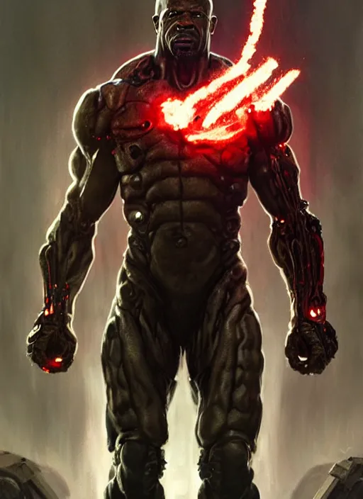 Prompt: terry crews as victor stone, full body concept, cyborg, borg, strogg, face of a man, terminator, flesh, quake strogg, doom demon, wolfenstein, monstrous, powerful, symmetry, symmetrical, concept art by ruan jia and greg rutkowski