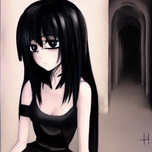 Image similar to 1 7 - year - old goth girl, black hair, long bob cut, long bangs, gothic coat, dark hallways, soft lighting, glowing keypads, secret society, roman pillars, strong lighting, strong shadows, vivid hues, ultra - realistic, sharp details, subsurface scattering, intricate details, hd anime, 2 0 1 9 anime