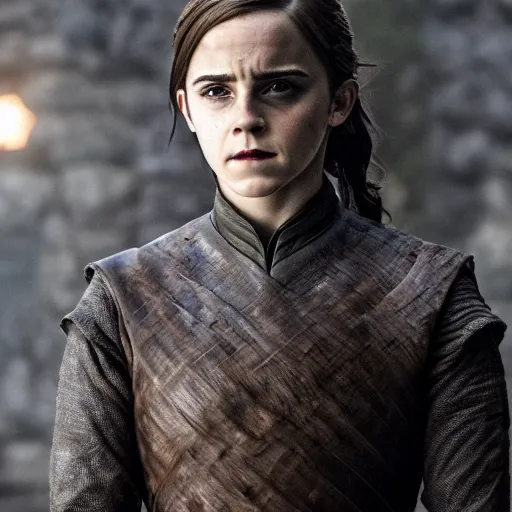 Image similar to emma watson as arya stark in game of thrones, 4 k, epic, cinematic, focus, movie still, fantasy, serious, extreme detail, atmospheric, dark colour, sharp focus