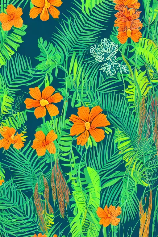 Image similar to Intricate detailed vector illustration of tropical flowers and green reeds, multiple cohesive colors ranging from warm blue to oranges on a ((very dark background)), 4K resolution