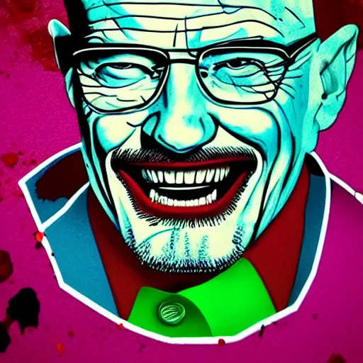 Image similar to logo design, walter white smiling like the joker, splatter paint