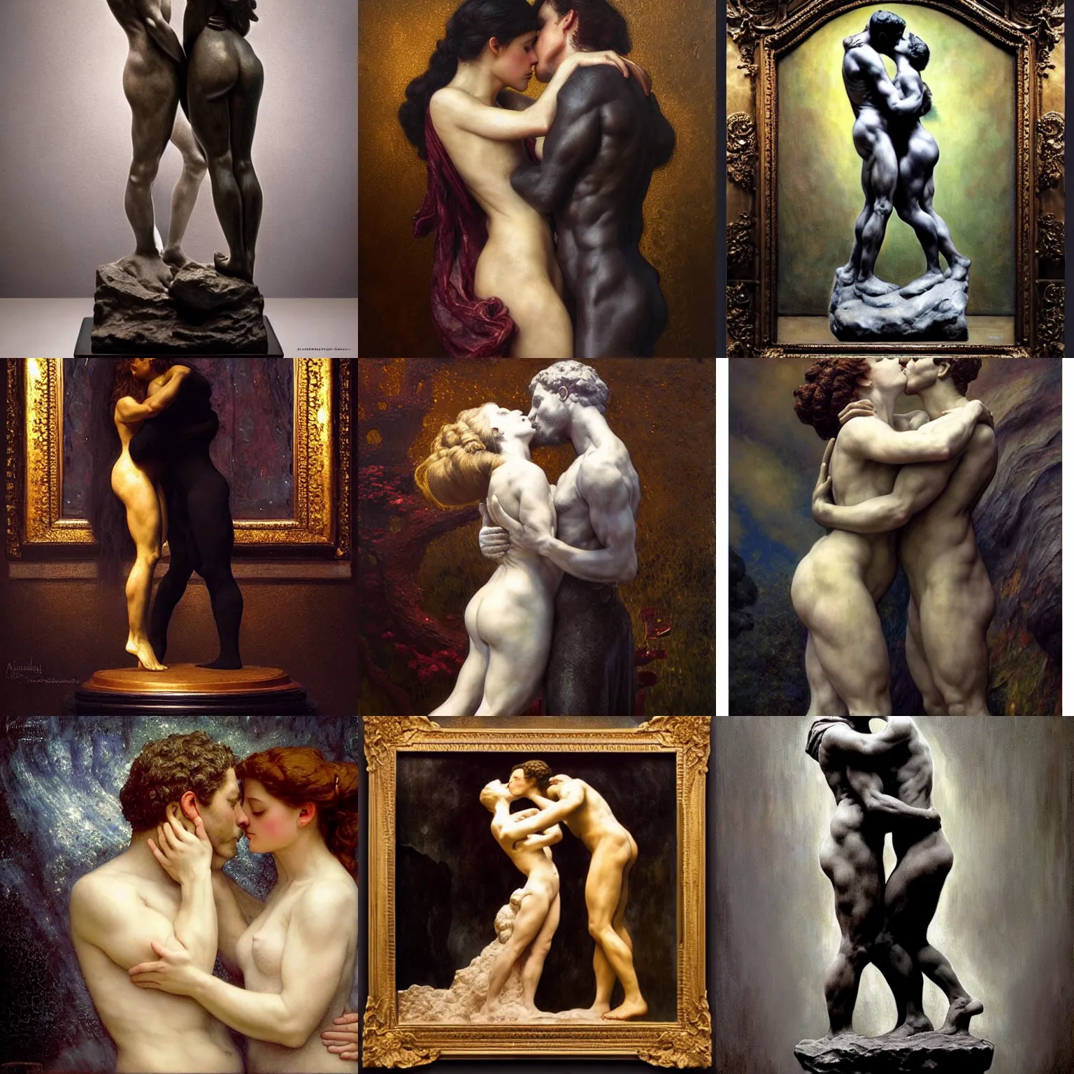 Prompt: highly detailed oil painting | very intricate | cinematic lighting | award - winning | the kiss sculpture by auguste rodin!!!!!! | by roberto ferri, by tom bagshaw, by j. c. leyendecker and klimt, american romanticism, by thomas kinkade artstation, cgsociety, official art, octane