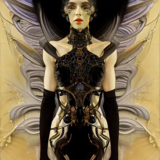 Image similar to extremely psychedelic beautiful cyborg queen of lsd infected by night. intricate, elegant, highly detailed, extremely lifelike photorealistic digital painting, artstation. steichen, gaston bussiere, tom bagshaw, cyberpunk alphonse mucha. elegant minimalism. anatomically correct. sultry. sharp focus. gold and black, white accents. melancholic. lifelike