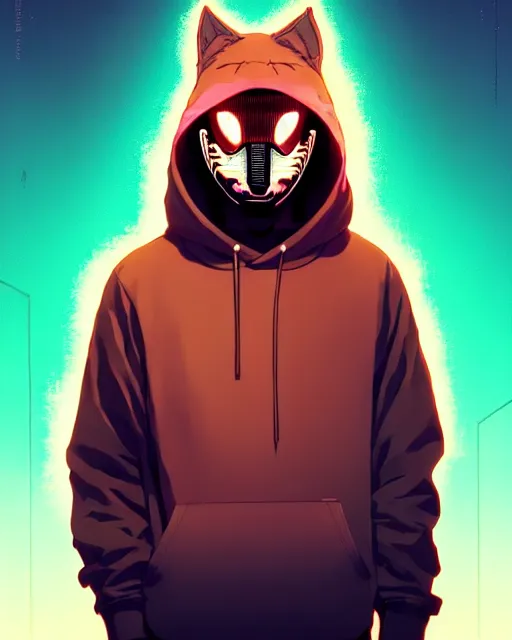 Image similar to synthwave, hyper - realistic portrait of a man in a hoodie, with kitsune mask, intricate, 4 k, by atey ghailan, by greg rutkowski, by greg tocchini, by james gilleard, by joe fenton, by kaethe butcher, dynamic lighting, lighting color scheme, sharp focus, grunge aesthetic