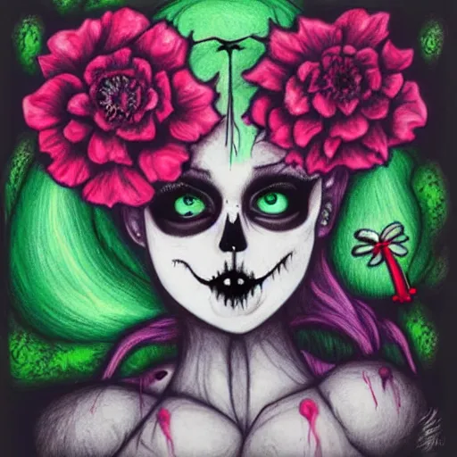 Image similar to tinker bell, horror, skull, flowers, scary, drawn by Harumi Hironaka