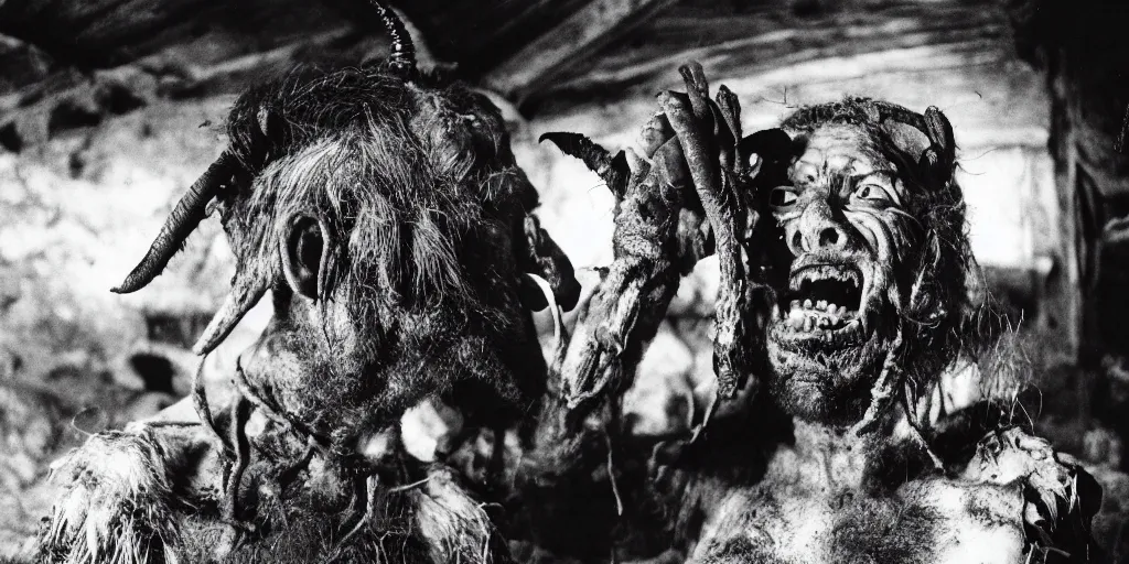 Prompt: historical sharp 4 k photograph of a man turning into a grotesque monster with goathorns and roots growing from his face, in a hut in the alps, dark, eerie, grainy