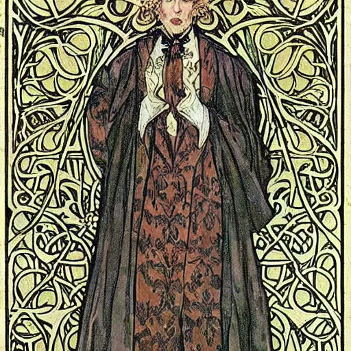 Prompt: dorian gray, master magician by william morris and mucha ( ornate intricate geometry )