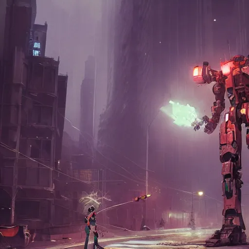 Image similar to six feet tall mech fighting in an urban environment, by gaudi, by ismail inceoglu, octane render, by weta digital, cinematic lighting, bump mapped, lumen reflections, action scene screenshot, epic scale, trending on artstation