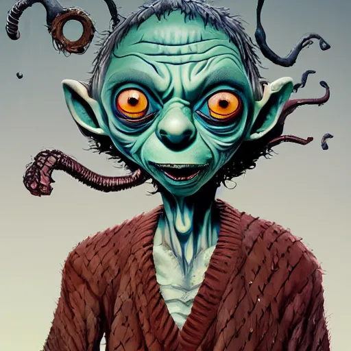 Prompt: Tim Burton style Gollum by Alex Pardee and Nekro and Petros Afshar, and James McDermott,unstirred paint, vivid color, cgsociety 4K