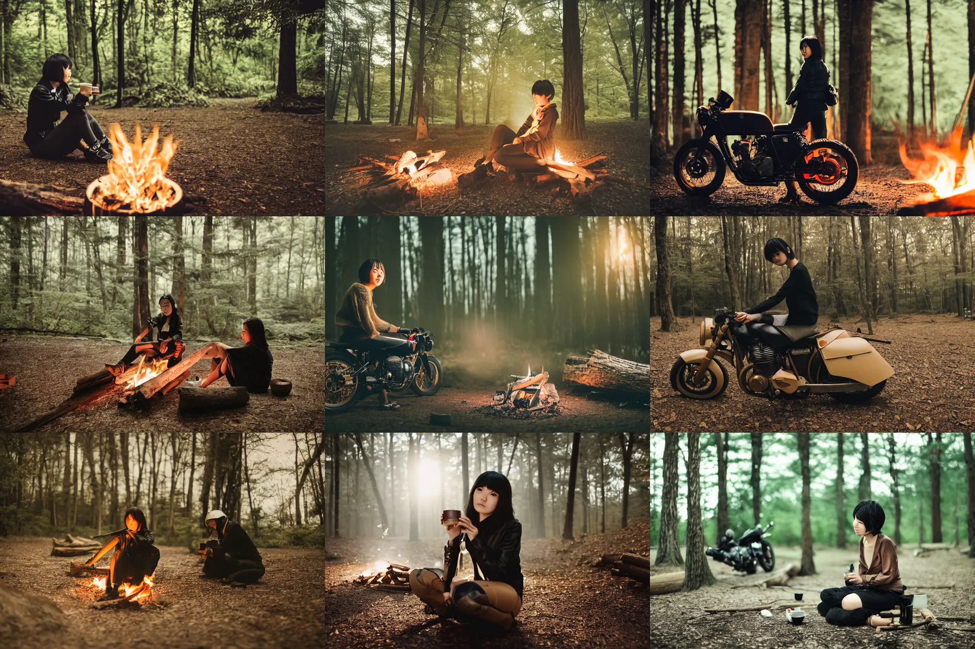 Prompt: japanese girl with short black hair in a tan trenchoat, sitting on a log next to a Brough Superior SS100 motorcycle, drinking hot chocolate alone by the campfire, night in a dark forest, cinematic lighting, low angle photography, wide shot, hyperrealistic, 8k