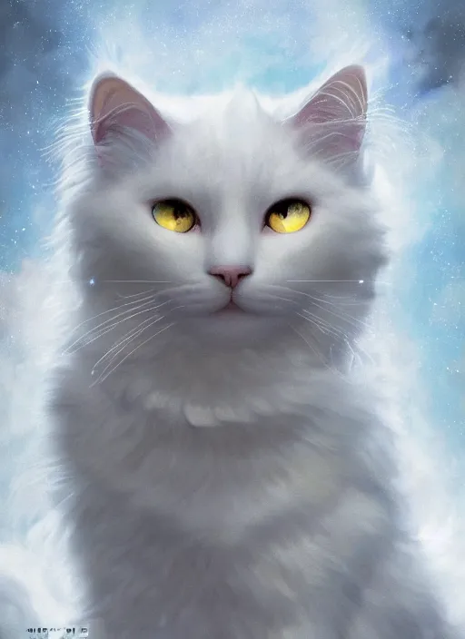 Image similar to masterpiece portrait of a white fluffy cat with cosmic armor, au naturel, hyper detailed, digital art, trending in artstation, cinematic lighting, studio quality, smooth render, unreal engine 5 rendered, octane rendered, art style by klimt and nixeu and ian sprigger and wlop and krenz cushart and kim jung gi and greg rutkowski