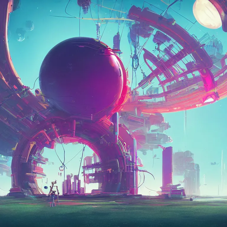 Prompt: a circle portal structure floating in outer - space, cyberpunk, epic surrealism, indigo, bright red, purple, cyan, lime green, detailed digital matte painting in the style of simon stalenhag and painting by ralph mcquarrie