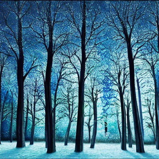 Image similar to Photorealistic, highly detailed, forest landscape, dark blue background, illuminated big wintry oak trees with different colors, night time