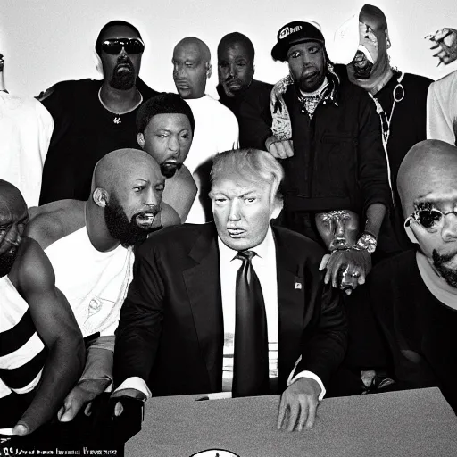 Prompt: Donald trump is inducted as the 10th member of the wu tang clan rap group, he takes a photo with RZA, GZA, old dirty bastard, inspectah deck, U-God, Ghostface killah and the method man