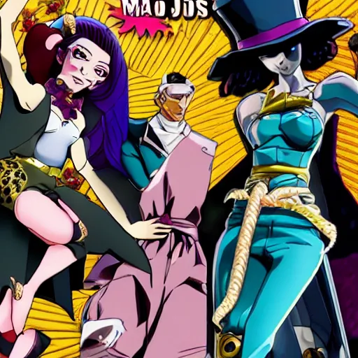 Image similar to a jojo bizarre adventures cover : Marie the mother of Jesus posing jojo style