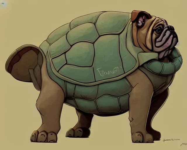 Image similar to cell shaded cartoon of a realistic bulldog with a turtle shell, concept art by josan gonzales and wlop, by james jean, victo ngai, david rubin, mike mignola, deviantart, art by artgem