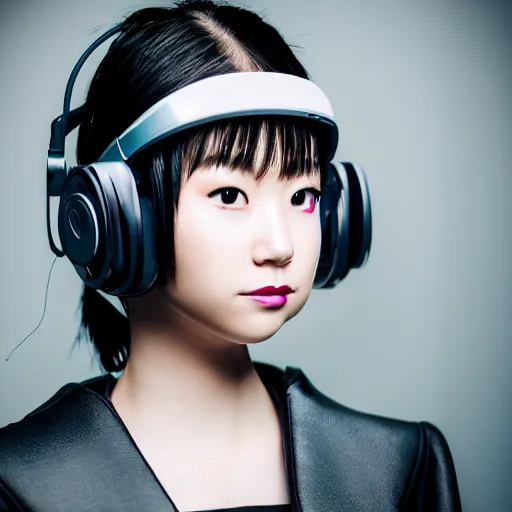 Image similar to photorealistic portrait of cute cyber punk geisha girl from Japan. she is wearing heavy complicated future headsets. award winning, taken by canon 5d mk4, art lens, perfect lighting, sci-fi, at 2200