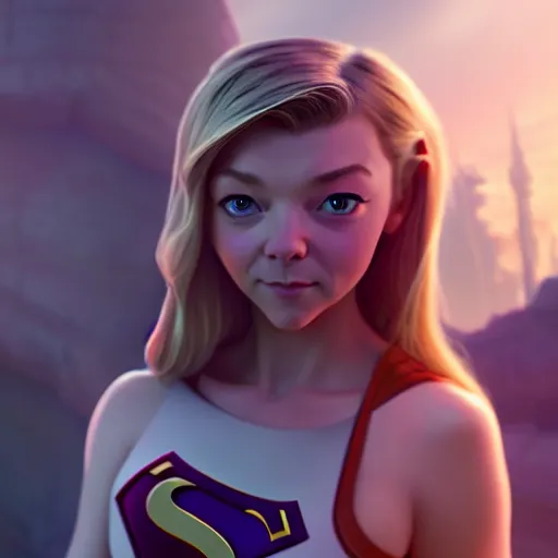 Image similar to a wholesome animation key shot natalie dormer as supergirl, studio ghibli, pixar and disney animation, sharp, rendered in unreal engine 5, anime key art by greg rutkowski, bloom, dramatic lighting