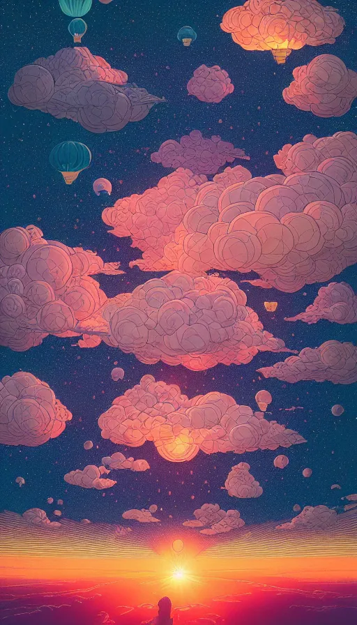 Image similar to million ethereal lanterns floating on cosmic cloudscape at sunset, futurism, dan mumford, victo ngai, kilian eng, da vinci, josan gonzalez