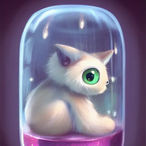 Image similar to cutie fluffy creature with big eyes in a jar, digital art, 3 d, octave render, masterpiece, mega detailed, pixar, disney, vivid illustration, cartoon, fantasy, by george stubbs, artgerm, in the style of ghibli kazuo oga, pastel fur