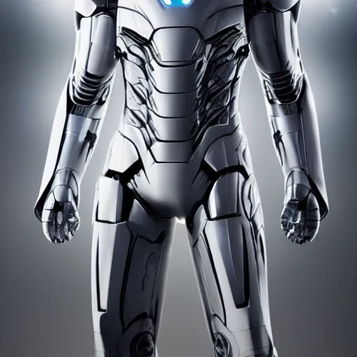 Image similar to white iron man suit, 4k realistic photo