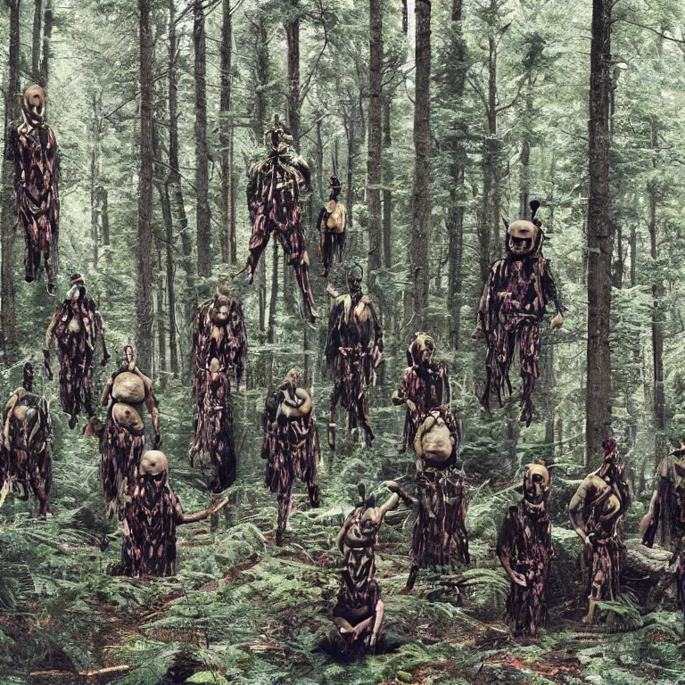 Prompt: a tribe of fat man levitating in a pine forest , ektachrome hyper realistic and detailed, wear heavy heavy ornemental costumes and elongate bones masks
