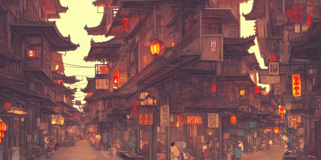 Image similar to a quiet chinatown street, evening, highly detailed, low angle view, studio ghibli, artstation