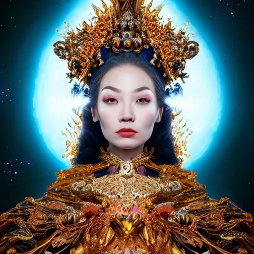 Image similar to a beautiful empress portrait, with a brilliant, impossible striking big cosmic galaxy headpiece, clothes entirely made out of cosmos chaos energy, symmetrical, dramatic studio lighting, rococo, baroque, jewels, asian, hyperrealism, closeup, D&D, fantasy, intricate, elegant, highly detailed, digital painting, artstation, octane render, 8k, concept art, matte, sharp focus, illustration, art by Artgerm and Greg Rutkowski and Alphonse Mucha