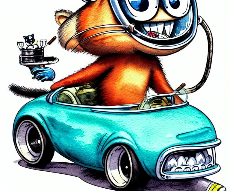 Image similar to cute and funny, racoon smoking cigar wearing a helmet riding in a tiny hot rod coupe with oversized engine, ratfink style by ed roth, centered award winning watercolor pen illustration, isometric illustration by chihiro iwasaki, edited by range murata