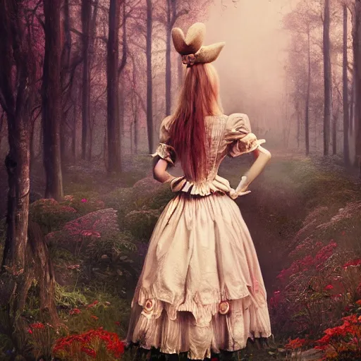 Image similar to Alice in Wonderland, Alice, victorian dress, Alice staring into the distance, surreal forest, painted by seb mckinnon, high detail, digital art, trending on artstation