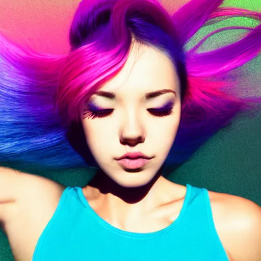 Image similar to a award winning head and torso portrait of a beautiful woman in a croptop with a ombre purple pink teal hairstyle with head in motion and hair flying, outrun, vaporware, vivid colors, highly detailed, fine detail, intricate