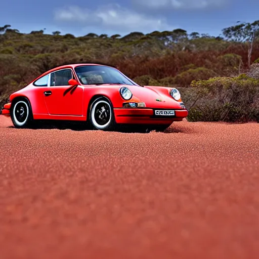 Image similar to porsche 9 1 1, beautiful australian beach, red sand, waves. dust. stars