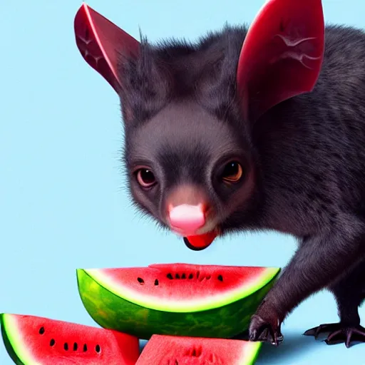 Image similar to cute kawaii realistic fruit bat eats a watermelon piece, digital art, high quality, illustration, art, detailed, 3 d render, sticker,