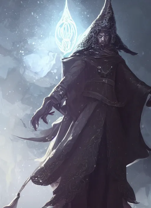 Image similar to a highly detailed illustration of Hiroyuki Sanada as wizard wearing black robe and mage hat, elegant magic floating pose, intricate, elegant, highly detailed, centered, digital painting, artstation, concept art, smooth, sharp focus, league of legends concept art, WLOP