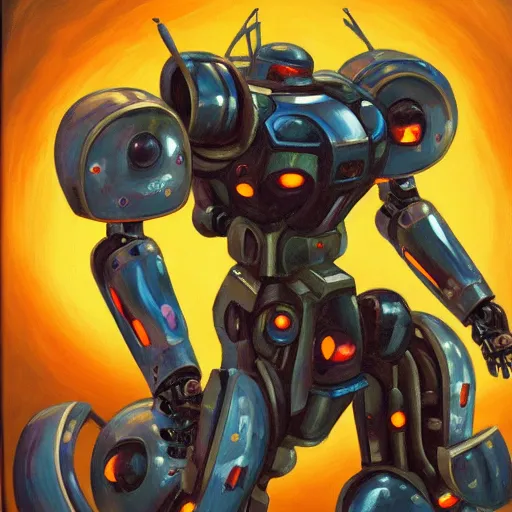 Prompt: an intricate oil painting of a giant anime robot with rounded and circular parts