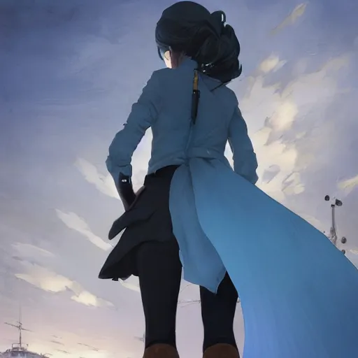 Image similar to low - angle shot from behind of a girl with light blue straight hair in a blue tailcoat, combat boots, noir, sharp focus, intricate, illustration, cell shaded, digital painting, highly detailed, art by greg rutkowski, studio quality, makoto shinkai, james jean