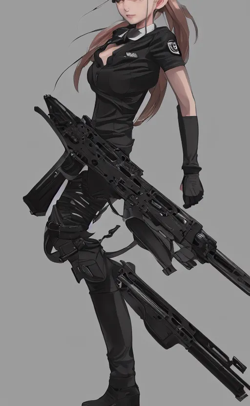 Image similar to highly detailed, high resolution, character design art, stunning, volumetric lightning, realistic guns, girls frontline style, matte, sharp focus, 150mm, illustration, artstation, by kuvshinov ilya, professional finish, realistic body anatomy, simple design, max fidelity, believable face