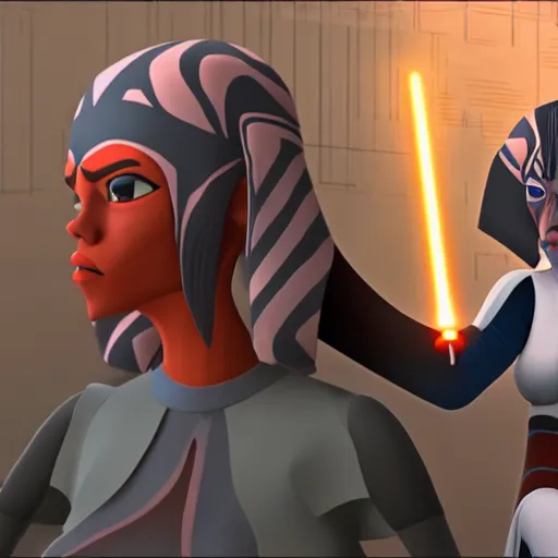 Prompt: Ahsoka Tano playing chess with Darth Vader in The Clone Wars season 7, ray traced
