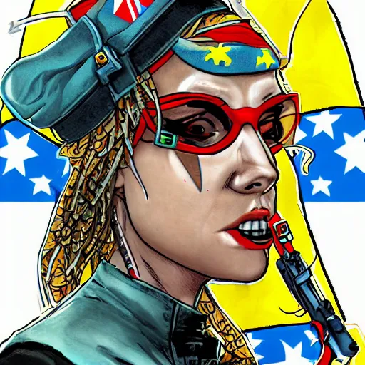 Prompt: tank girl comic, ultra detailed face, ukrainan flag, by alessandra vitelli