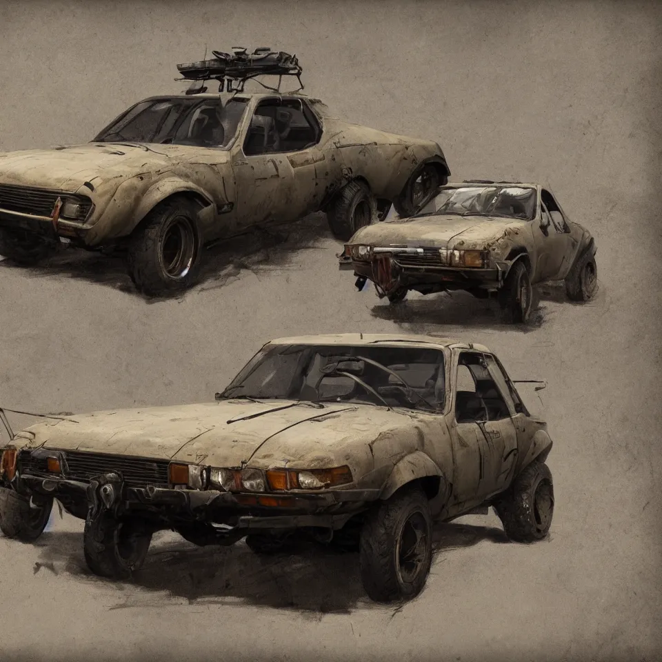 Prompt: a single Dacia 1310 in Mad Max, artstation, concept art