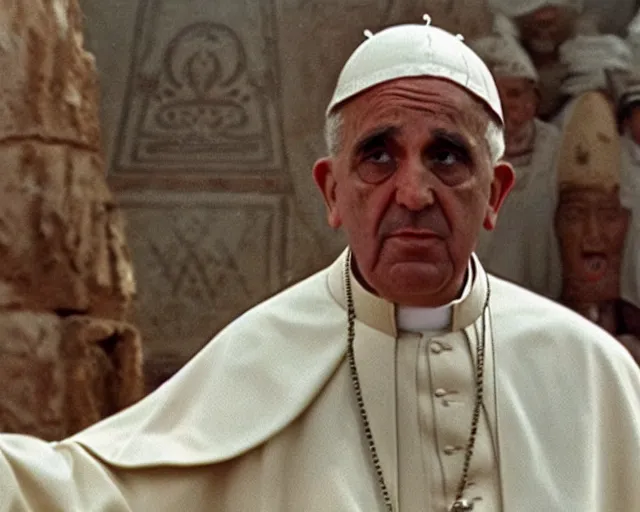 Image similar to a film still of the pope as the ramesses faraoh, in the 1 0 commandments ( 1 9 5 6 ), technicolor color