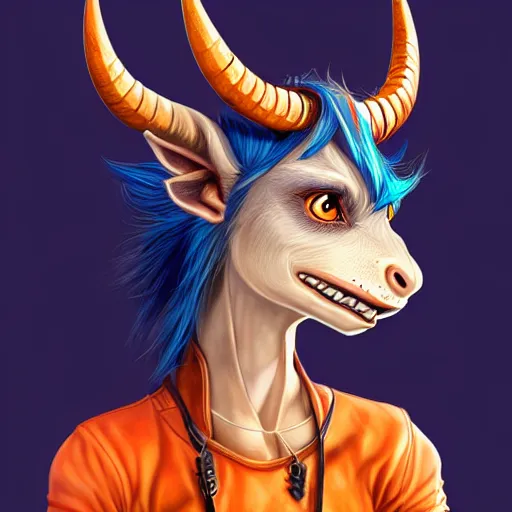 Image similar to illustrated realistic tilted head portrait female prong-horned kobold with blue bob hair with black-eyes wearing strap leather armor, orange glow, backlit by rossdraws