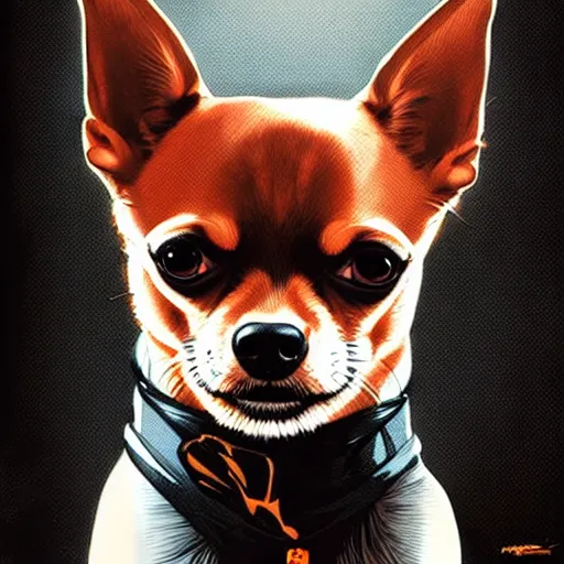 Prompt: portrait of a chihuahua looking angry by martin ansin, comic book art, frank miller, artstation, highly detailed, cinematic, extremely detailed, high quality